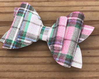 Pink Plaid Hair Bow -  Pink Check Girls Hair Bow  - Toddler, Baby Pink Hair Bow - Faux Leather, Ready To Ship