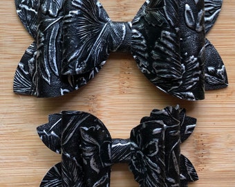 Black Faux Leather Hair Bow with Silver Leaf Detail