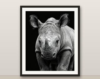 Black and White Baby Rhino Wall Art, Baby Rhino Print, Photorealistic Animal Portrait, Printable Digital Download