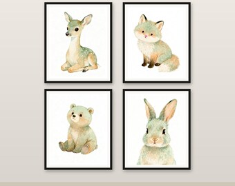 Waldtiere Kinderzimmer Set von 4, Aquarell druckbare Wandkunst, Hirsch Fuchs Bär Kaninchen, Baby Kinder Zimmer Dekor, Instant Download