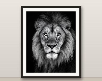 Löwenwandkunst, Schwarzweiß-Tierdruck, Löwenporträt, 8K druckbare digitaler Download, Wildtierdekor