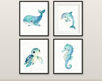 Ozean Tiere Kinderzimmer Set von 4, Aquarell druckbare Wandkunst, Wal Delfin Meeresschildkröte Seepferd, Baby Kinder Küsten Dekor, Instant Download