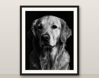 Golden Retriever Hund Wandkunst, Schwarzweißer Hundedruck, modernes Hundebild, 4K druckbares Hundebild, Haustierporträt, minimalistisches De