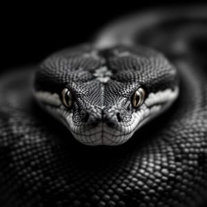 May include: A black and white close-up of a snake head showing detailed scales and focused eyes. The snake is coiled, with its head positioned centrally, displaying a textured pattern of dark and light scales across its skin and snout.