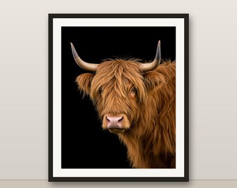 Highland Kuh Wandkunst, Highland Cattle Druck, Bauernhaus Dekor, Farbe Tier Porträt, 8K druckbare digitale Download