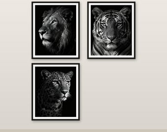 Große Katzen Wand Kunst Set von 3, schwarz und weiß Löwe Tiger Leopard, dramatische Wildtiere druckbare, Wohnzimmer Dekor, Instant Download
