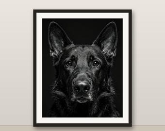 Black and White Black German Shepherd Wall Art, Black German Shepherd Print, Photorealistic Animal Portrait, Printable Digital Download