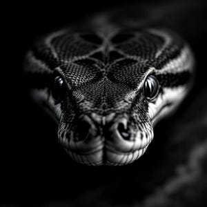 Puede incluir: Primer plano en blanco y negro de la cabeza de una serpiente. Las escamas de la serpiente son detalladas, con un patrón en la cabeza. Los ojos de la serpiente son visibles y el fondo es oscuro.