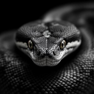 Puede incluir: Primer plano de la cabeza de una serpiente, mostrando escamas detalladas y penetrantes ojos amarillos. La piel de la serpiente es una mezcla de gris oscuro y negro, creando un contraste llamativo contra el fondo oscuro. La imagen resalta la textura de la piel del reptil.