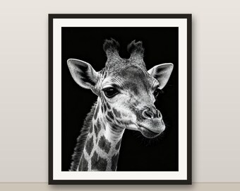 Black and White Giraffe Calf Wall Art, Giraffe Calf Print, Photorealistic Animal Portrait, Printable Digital Download