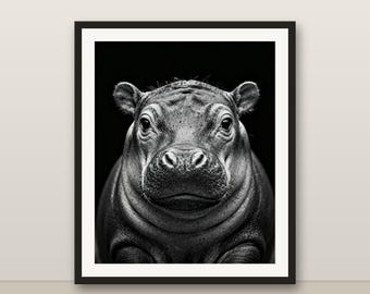 Black and White Baby Hippo Wall Art, Baby Hippo Print, Photorealistic Animal Portrait, Printable Digital Download