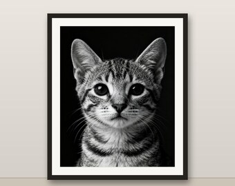 Black and White Tabby Kitten Wall Art, Tabby Kitten Print, Photorealistic Animal Portrait, Printable Digital Download