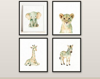 Safari Tiere Kinderzimmer Set von 4, Aquarell druckbare Wandkunst, Elefant Löwe Giraffe Zebra, Baby Kinderzimmer Dekor, Instant Download