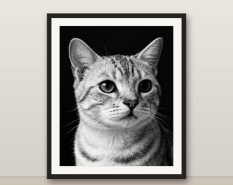 Black and White Silver Tabby Cat Wall Art, Silver Tabby Cat Print, Photorealistic Animal Portrait, Printable Digital Download