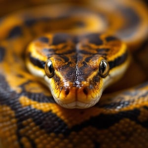 Puede incluir: Primer plano de la cabeza de una pitón real, mostrando sus intrincados patrones y colores. Las escamas de la serpiente exhiben una mezcla de amarillo, marrón y negro, con una mirada enfocada. La imagen resalta la textura única y las marcas detalladas del reptil.
