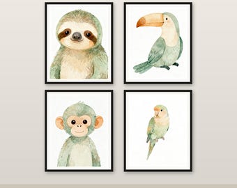Dschungel Tiere Kinderzimmer Set von 4, Aquarell druckbare Wandkunst, Faultier Tukan Affe Papagei, Baby Kinder Zimmer Dekor, Instant Download