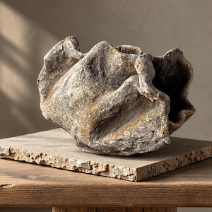Vasija escultórica orgánica de hormigón / Objeto de arte artesanal de GFRC / Decoración brutalista Wabi Sabi / Centro de mesa inspirado en la piedra