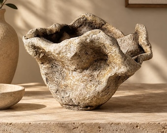Cuenco escultórico de hormigón GFRC, decoración orgánica Wabi Sabi, recipiente de piedra con textura artesanal, gran pieza central llamativa, decoración brutalista para el hogar.