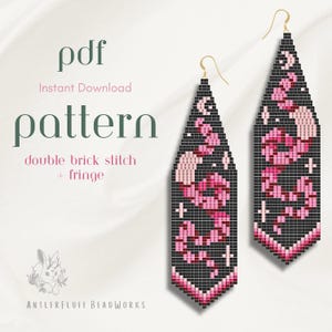 May include: Beaded earrings featuring a pink snake design on a black background. The earrings are created using the double brick stitch method and have a fringe. The image also displays the words "pdf", "Instant Download", and "pattern".