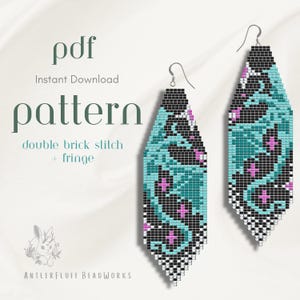 May include: A PDF pattern for double brick stitch and fringe beaded earrings. The design features a geometric motif in black, teal, and magenta on a white background. Text includes: pdf, Instant Download, pattern, double brick stitch + fringe.