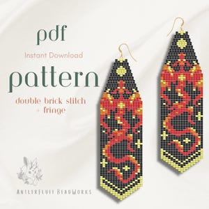 May include: Two beaded earrings with a dragon design. The earrings are black with red and yellow accents. The earrings are long and rectangular with a gold hook. The image also includes the text "pdf", "Instant Download", and "pattern".