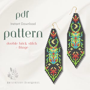 May include: Two beaded earrings with gold-colored hooks. The earrings are black with colorful geometric patterns in red, green, blue, and yellow. The image also includes the text "pdf Instant Download pattern double brick stitch + fringe".