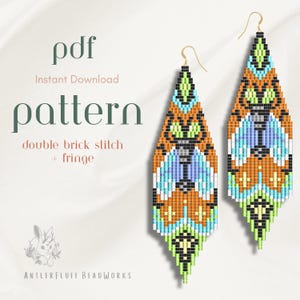 May include: Two beaded earrings with a geometric design in orange, blue, green, and black. The earrings have a teardrop shape and gold-coloured hooks. The image also shows the text "pdf Instant Download pattern double brick stitch + fringe".