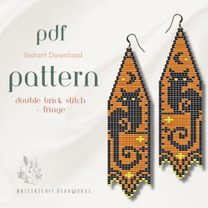 May include: Orange and black beaded earrings with a Halloween cat design. The earrings are made with a double brick stitch and fringe. The image also includes the text "pdf Instant Download pattern double brick stitch + fringe".