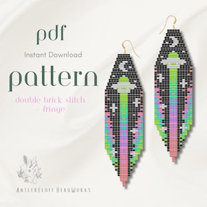 May include: Two beaded earrings with a black backdrop, showcasing a vibrant alien motif. The earrings are elongated, teardrop-shaped, and fringed at the base. The design incorporates a UFO, stars, and a vertical band of green, pink, and purple. The text "pdf pattern" is visible.