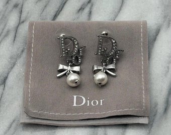 Christian Dior Logo Pearl Bow Drop Earrings Silver Tone