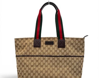Gucci GG Canvas Web Tote Bag Brown Beige