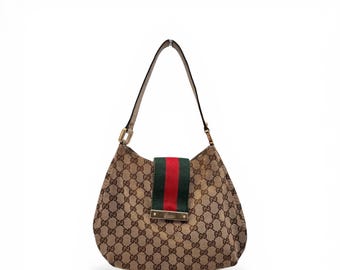 Gucci GG Canvas Web Sherry Line Shoulder Bag Beige Red Green