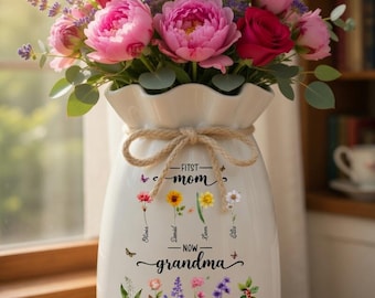 最初はママ、今はおばあちゃんの花瓶、パーソナライズされた誕生花ギフト、孫の名前入りおばあちゃんの庭、母の日ギフト