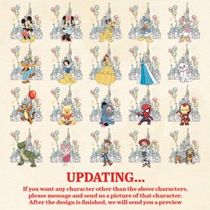 以下が含まれることがあります： ミッキーマウス、ミニーマウス、ドナルドダックなど、ディズニーのキャラクターが繰り返されるパターン。それぞれお城と風船が背景に。テキスト「UPDATING...」は下部にあり、カスタムキャラクターのリクエストに関する指示があります。