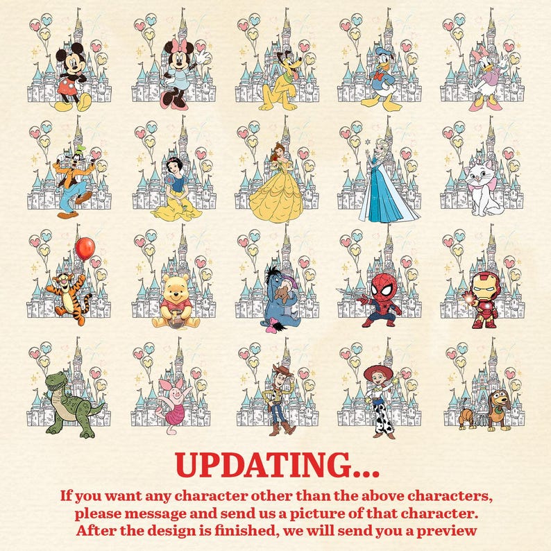 以下が含まれることがあります： ミッキーマウス、ミニーマウス、ドナルドダックなど、ディズニーのキャラクターが繰り返されるパターン。それぞれお城と風船が背景に。テキスト「UPDATING...」は下部にあり、カスタムキャラクターのリクエストに関する指示があります。