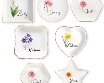 パーソナライズされた誕生花の小物入れ、カスタム水彩画の指輪入れ、ジュエリー入れギフト、ブライズメイドギフト、彼女への誕生日プレゼント