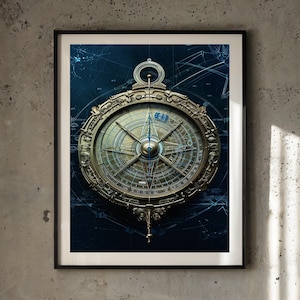 Lámina artística de astrolabio - Carta celeste astronómica vintage - Decoración de museo de instrumentos científicos antiguos - Arte mural imprimible para descarga digital