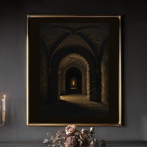 Stone Arch Corridor - Dark Academia Gothic Architecture Hallway - Impasto Oil Painting - Quiet art - Digital Downloads Printable Wall Art