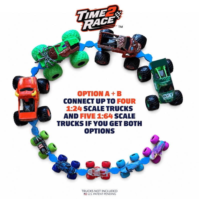 May include: A blue plastic connector track for toy vehicles arranged in a circle with various monster trucks placed on it. Text reads: TIME 2 RACE, OPTION A + B CONNECT UP TO FOUR 1:24 SCALE TRUCKS AND FIVE 1:64 SCALE TRUCKS IF YOU GET BOTH OPTIONS.