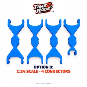 May include: Four bright blue plastic track connectors for 1:24 scale racing sets. Each piece features a central embossed logo and curved ends. The text at the top reads Time 2 Race, and the bottom text states OPTION B: 1:24 SCALE - 4 CONNECTORS.