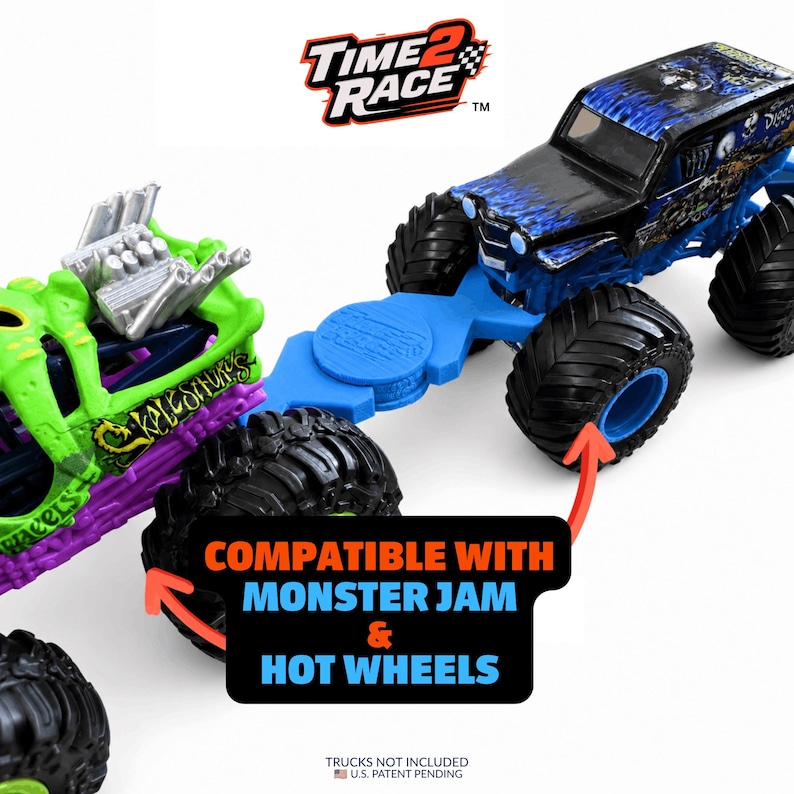 May include: A blue plastic connector piece labeled Time 2 Race, linking a green and purple monster truck toy to a black and blue monster truck toy. The image includes text stating COMPATIBLE WITH MONSTER JAM & HOT WHEELS and TRUCKS NOT INCLUDED.