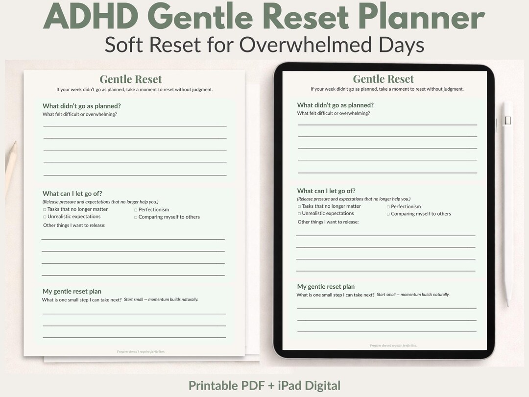 ADHD Gentle Reset Planner Printable and Digital | Overwhelmed Reset ...