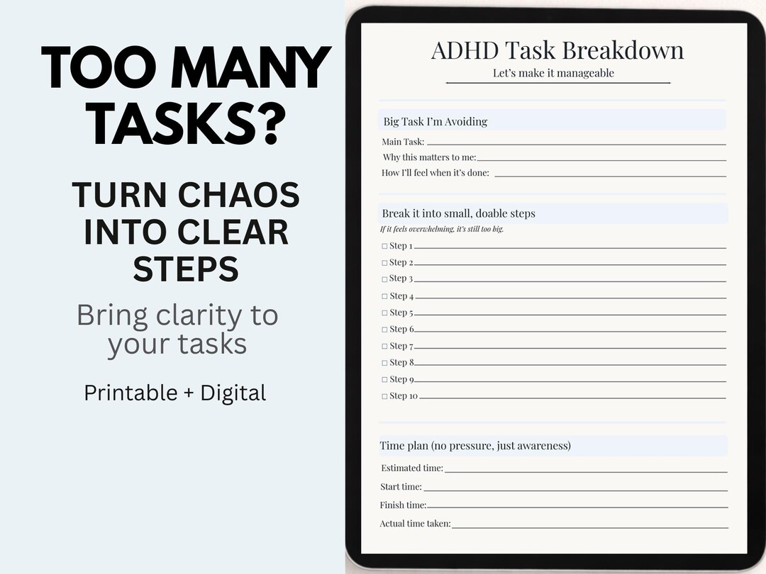 ADHD Too Many Tasks Planner | Task Breakdown Worksheet | Organize Tasks ...