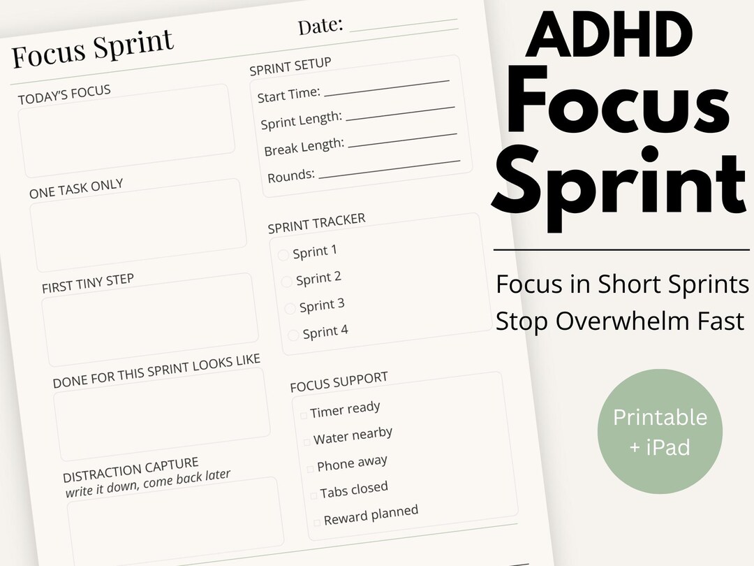 ADHD Focus Sprint Planner Printable & iPad | Task Focus Worksheet ...
