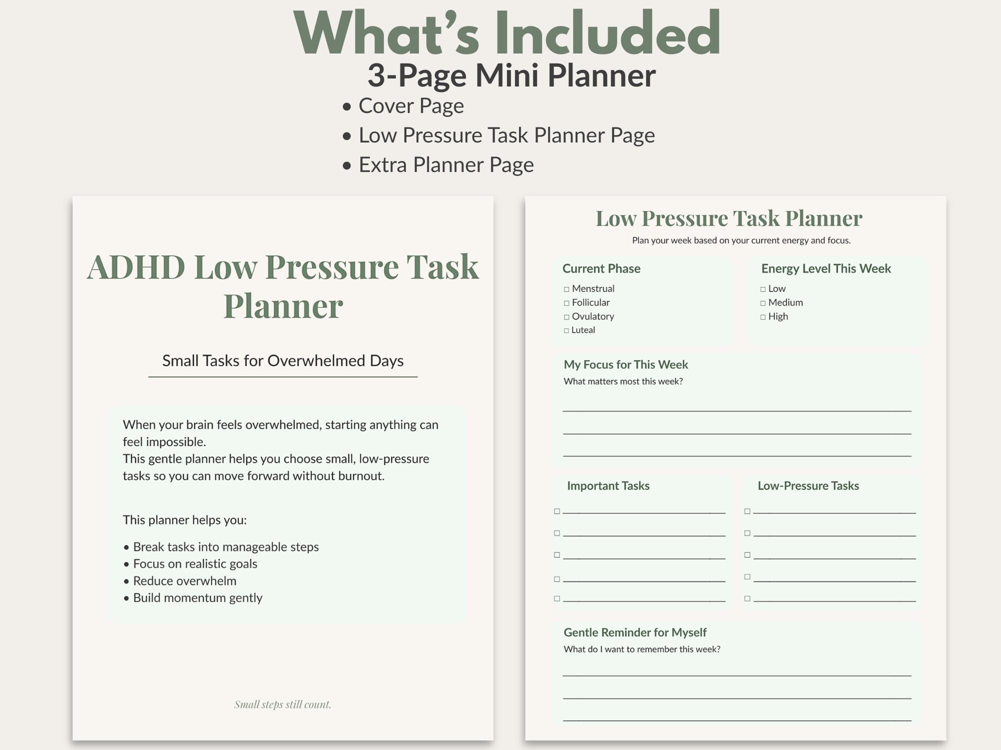 ADHD Low Pressure Task Planner Printable | Overwhelm Reset Worksheet ...