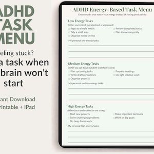 ADHD-uppgiftsmeny | Vet inte var jag ska börja planerare | Hjälp med uppgiftsförlamning | Återställning av överväldigande | Utskrivbar PDF + iPad digital