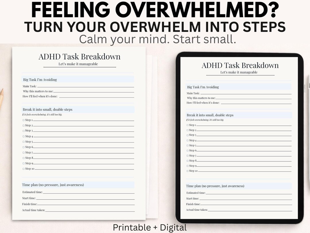 ADHD Overwhelm Planner | Task Breakdown Worksheet | Calm Your Mind ...
