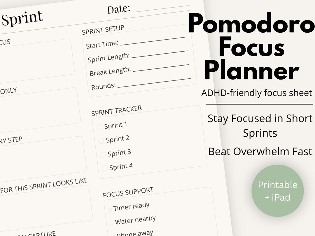 ADHD Pomodoro Planner Printable & iPad | Focus Sprint Sheet | Simple 3 ...
