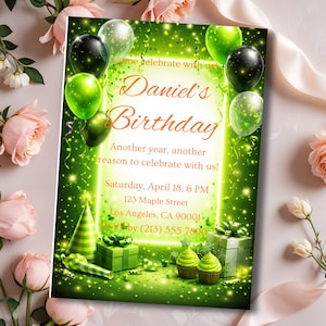 Op de afbeelding: Een groene verjaardagsuitnodiging met de tekst "Daniel's Birthday". De uitnodiging bevat groene en zwarte ballonnen, confetti en geschenkdozen. De uitnodiging bevat de datum, tijd en locatie van het feest.