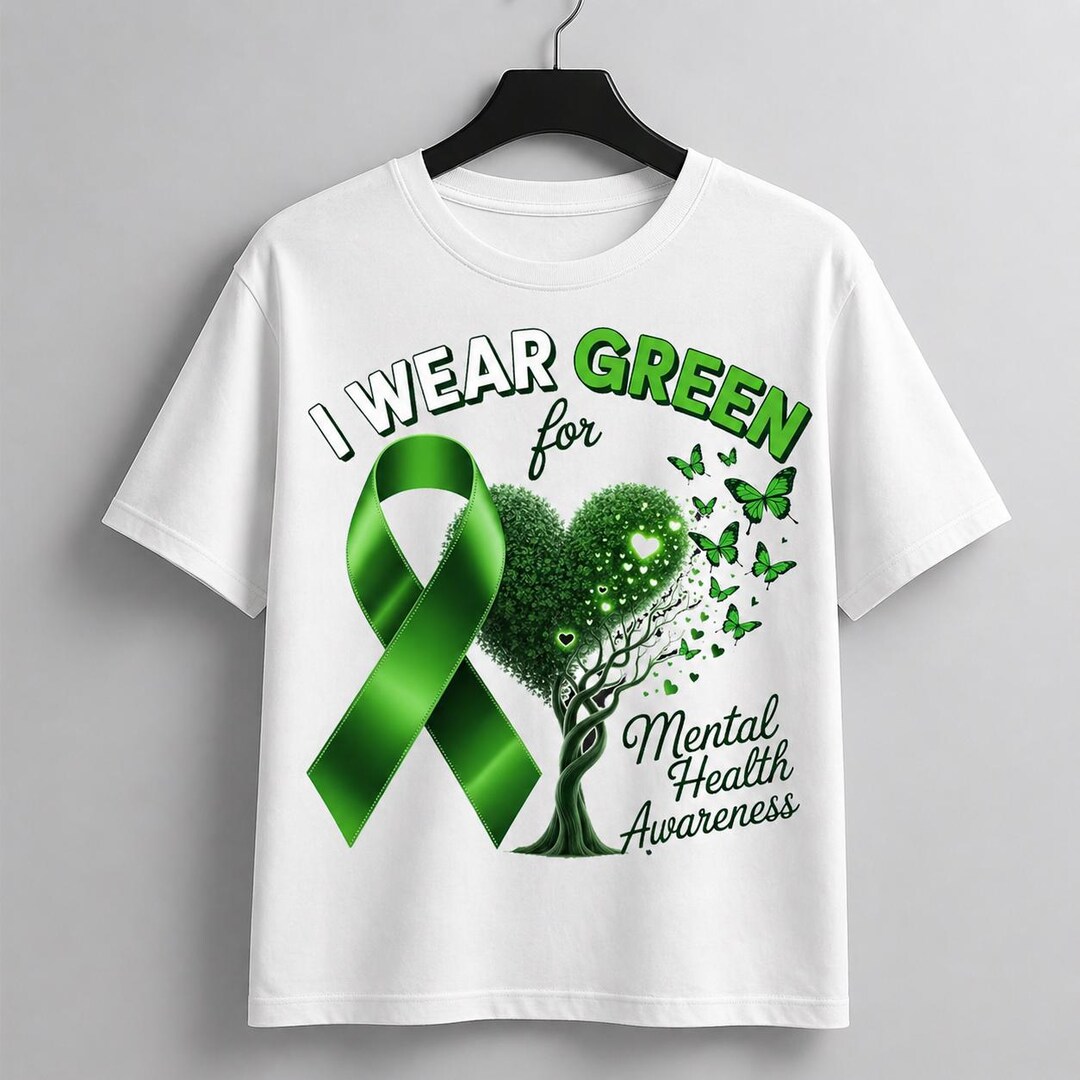 Mental Health Awareness PNG, Green Ribbon Butterfly Design, I Wear ...